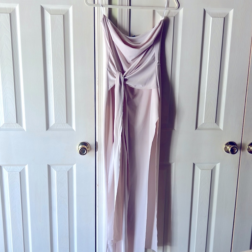 Strapless nude dress with wrap and split